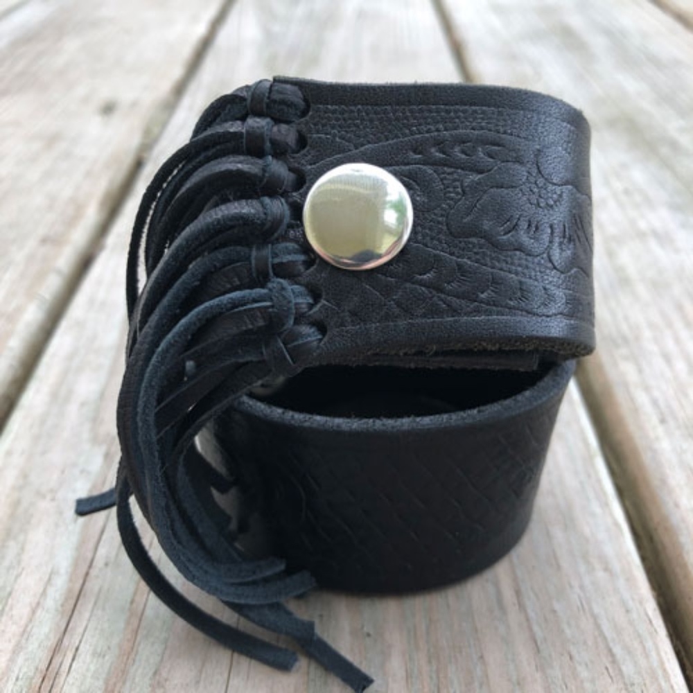 Black Leather Western Boho Fringe Cuff